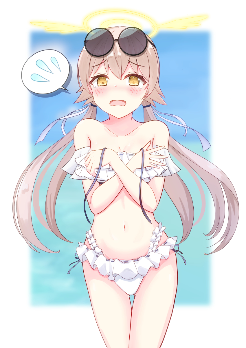 1girl, absurdres, adjusting_clothes, adjusting_swimsuit, bare_shoulders, bikini, blue_archive, blush, breasts, brown_eyes, brown_hair, cleavage, collarbone, commentary_request, covering_breasts, covering_privates, crossed_arms, embarrassed, eyewear_on_head, flying_sweatdrops, frilled_bikini, frills, hair_between_eyes, hair_ornament, halo, hifumi_(blue_archive), hifumi_(swimsuit)_(blue_archive), highres, long_hair, looking_at_viewer, low_twintails, navel, official_alternate_costume, sidelocks, solo, spoken_flying_sweatdrops, stomach, sunglasses, swimsuit, twintails, white_bikini, wing_hair_ornament, yasutarou