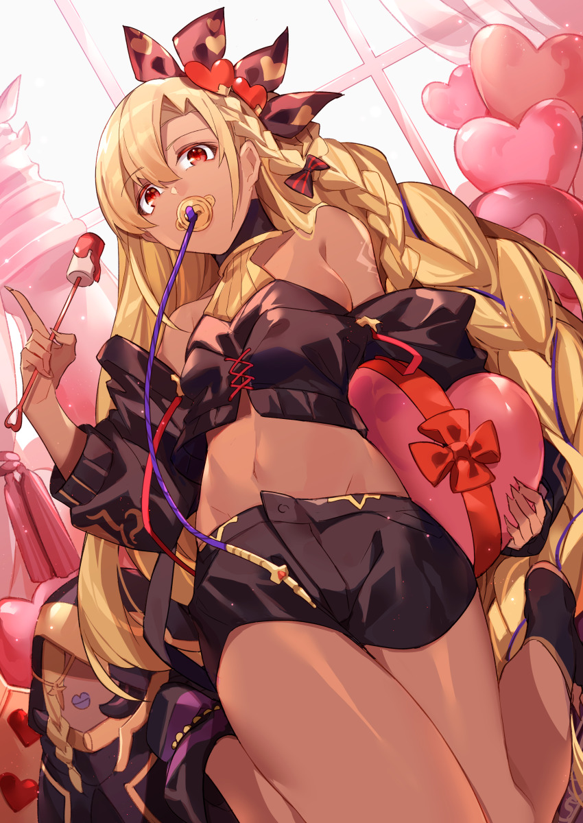 1girl, absurdres, bare_legs, blonde_hair, box, braid, braided_ponytail, dark-skinned_female