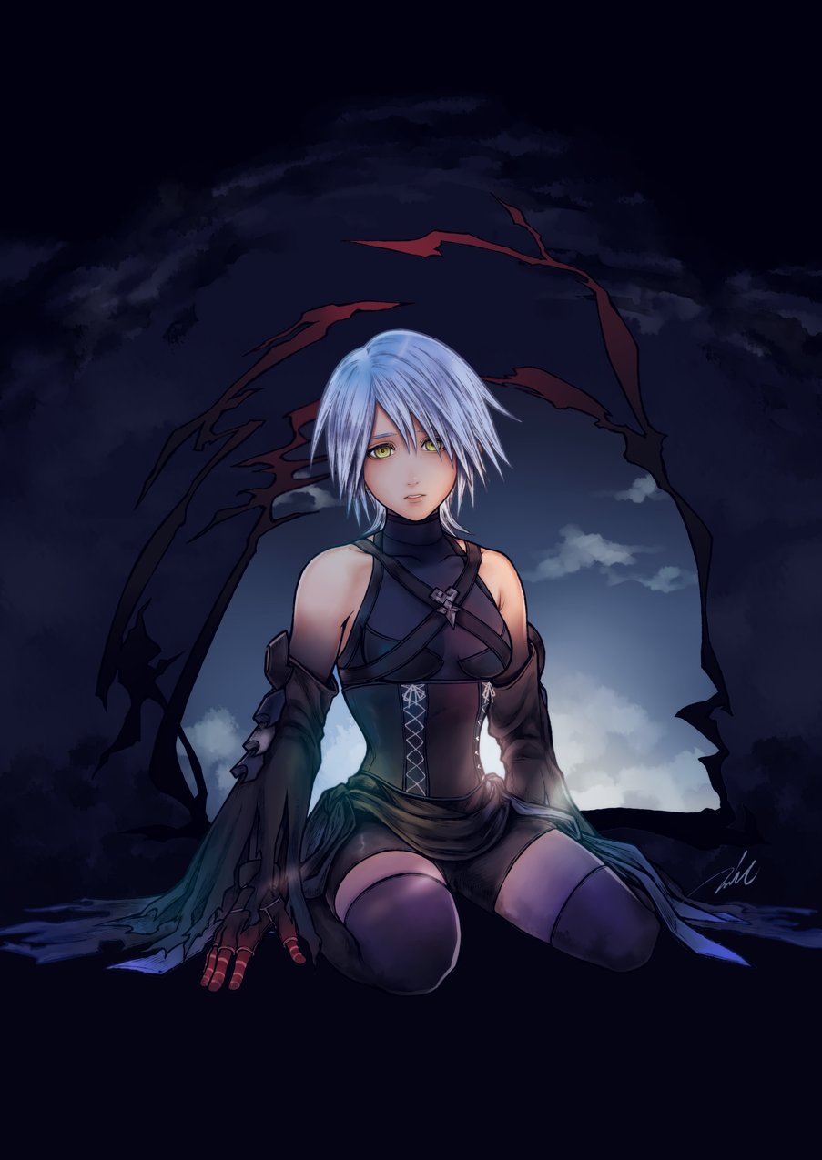 1girl, anti-aqua_(kingdom_hearts), aqua_(kingdom_hearts), bare_shoulders, black_shorts, black_thighhighs, blue_hair, breasts, chest_strap, cloud, cloudy_sky, detached_sleeves, full_body, gloves, hair_between_eyes, highres, kingdom_hearts, kingdom_hearts_iii, kneeling, lace-up_top, medium_breasts, medium_hair, mim_(mimya0600), parted_lips, shorts, sky, sleeveless, sleeveless_turtleneck, solo, thighhighs, turtleneck, waist_cape, yellow_eyes