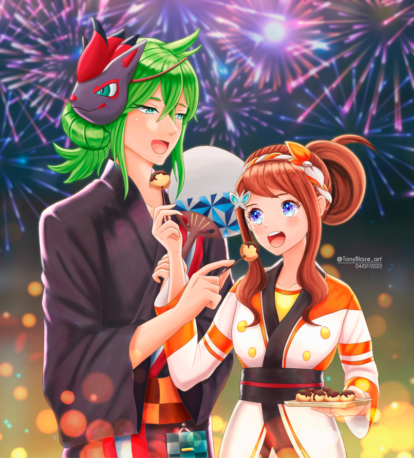 absurdres, blue_eyes, fireworks, food, green_hair, highres, hilda_(pokemon), hilda_(summer_2022)_(pokemon)