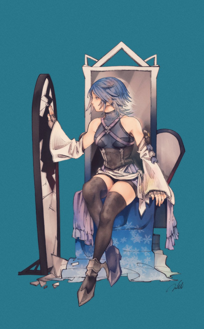 1girl, aqua_(kingdom_hearts), aqua_background, bare_shoulders, black_thighhighs, blue_hair, boots, breasts