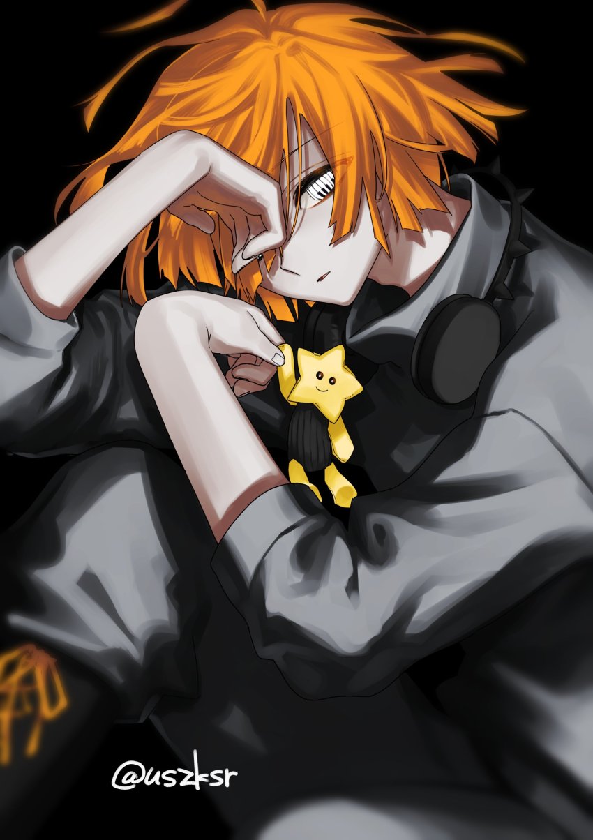 1boy, absurdres, aki_shiro, black_background, character_doll, doll, headphones, headphones_around_neck, highres, male_focus, orange_hair, otogami_reijirou, parted_lips, piano_keys, pppppp, short_hair, simple_background, sitting, solo, twitter_username, unusual_pupils, usazaki_shiro