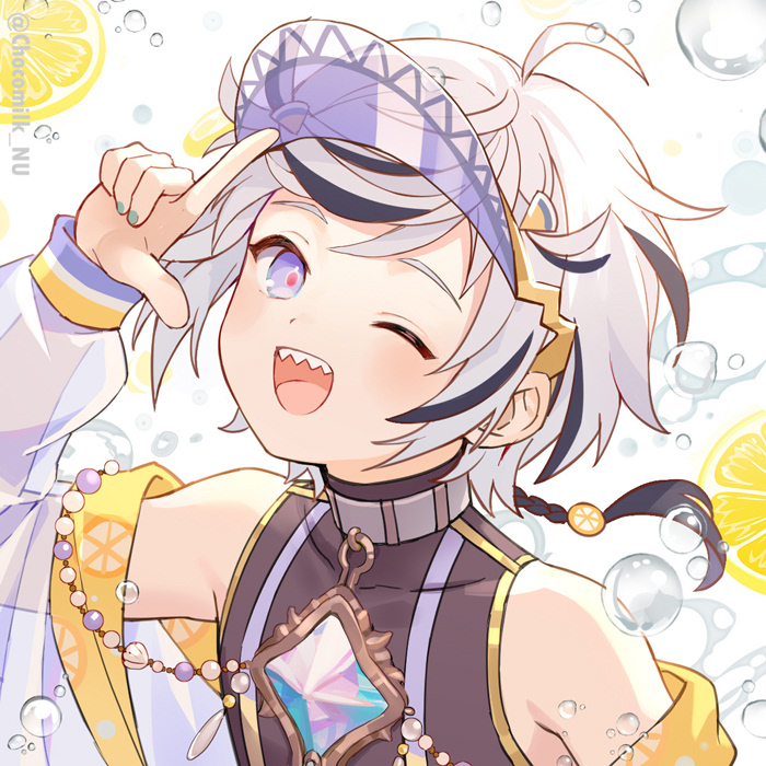 1boy, ahoge, bare_shoulders, black_hair, blade_(idol_apprentice)_(nu_carnival), blade_(nu_carnival), blue_nails, blush