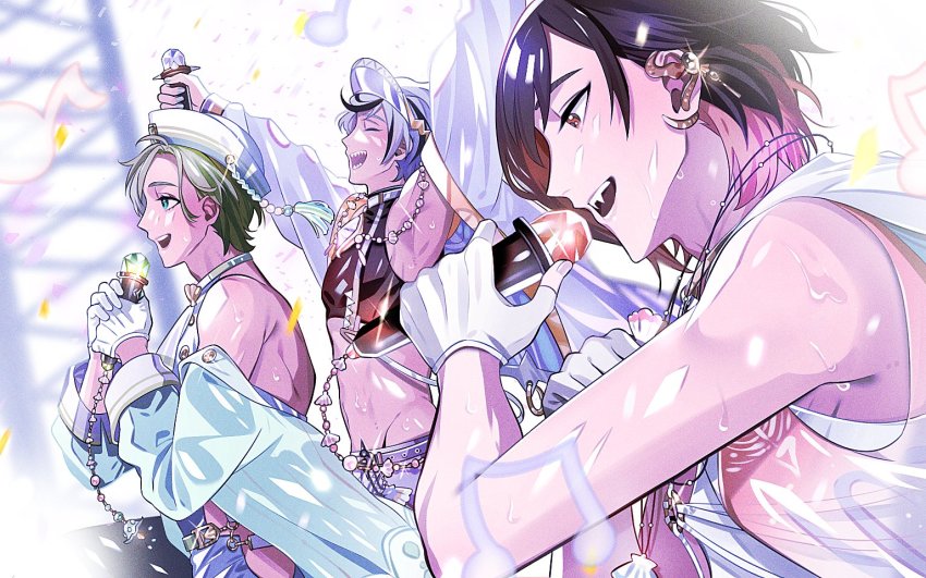 3boys, bad_id, bad_twitter_id, bare_shoulders, black_hair, blade_(idol_apprentice)_(nu_carnival), blade_(nu_carnival), blurry