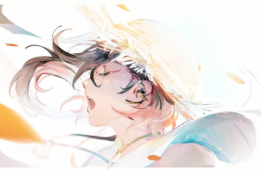 1boy, bishounen, blush, bpcc, brown_hair, closed_eyes, ear_piercing, hat