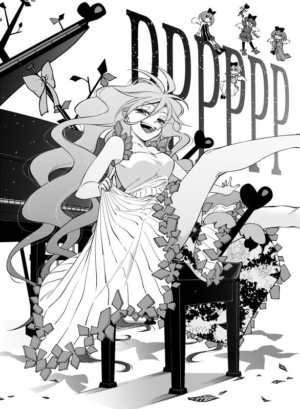 1girl, barefoot, bow, breasts, cleavage, clothes_lift, copyright_name, dress, dress_lift, fairy, greyscale, hair_bow, half-closed_eyes, instrument, kyokucho_(datubenpi), long_hair, looking_at_viewer, messy_hair, monochrome, otogami_mimin, piano, pppppp, sitting, smile, solo_focus, stool, wings, yamanaka_meloli