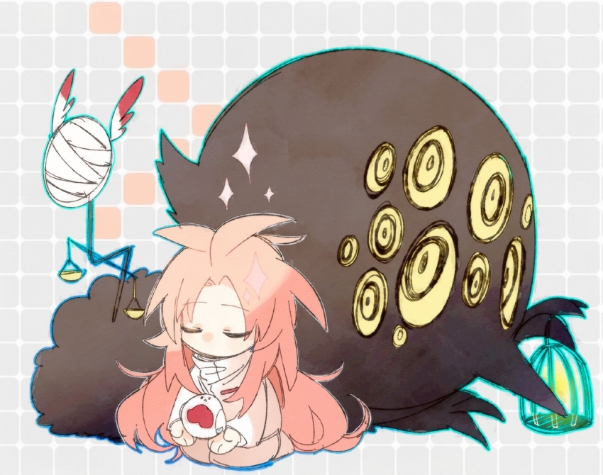 1boy, animal, big_bird_(project_moon), bird, chibi, chinese_commentary, closed_mouth, commentary_request