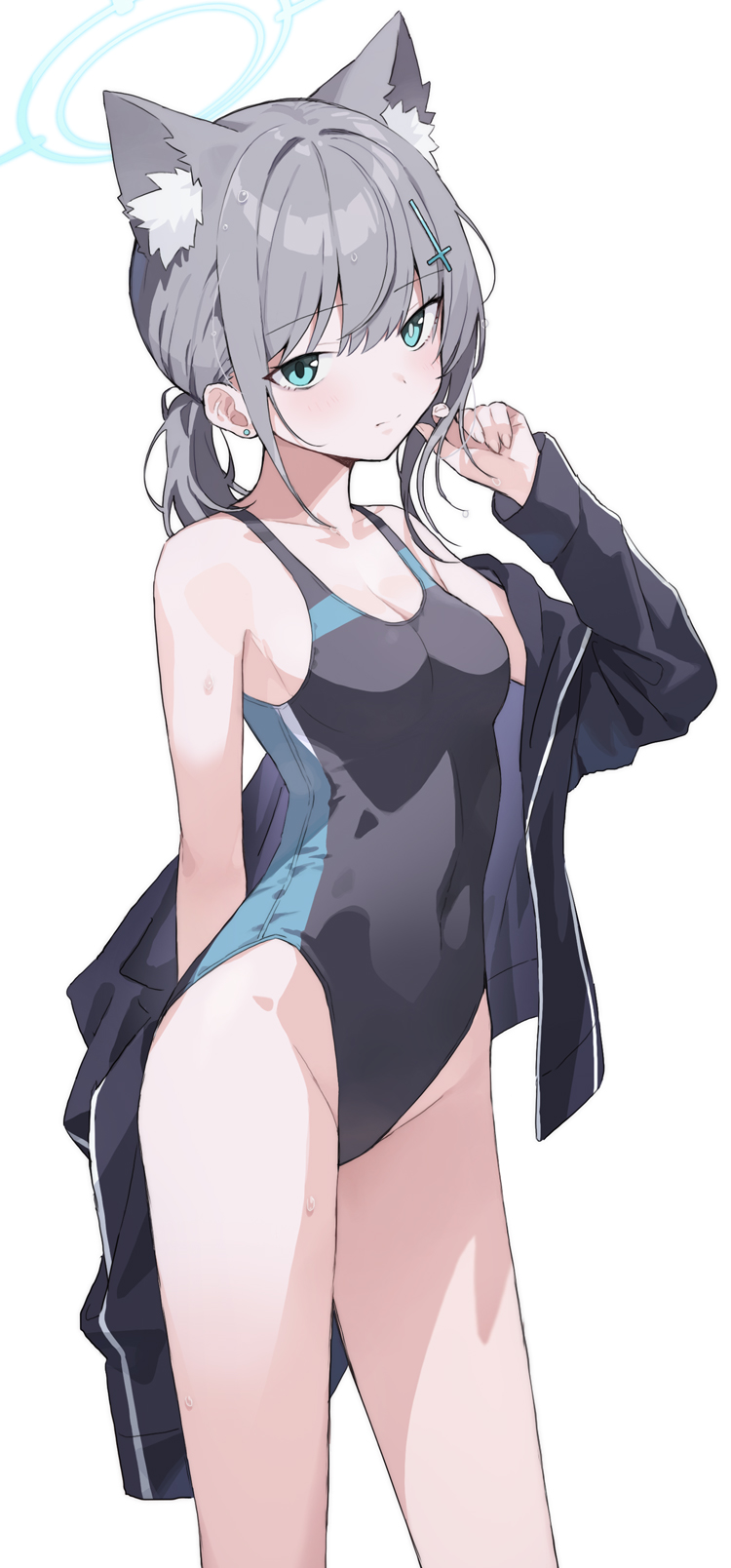 1girl, animal_ear_fluff, animal_ears, black_jacket, black_one-piece_swimsuit, blue_archive, blue_eyes, breasts