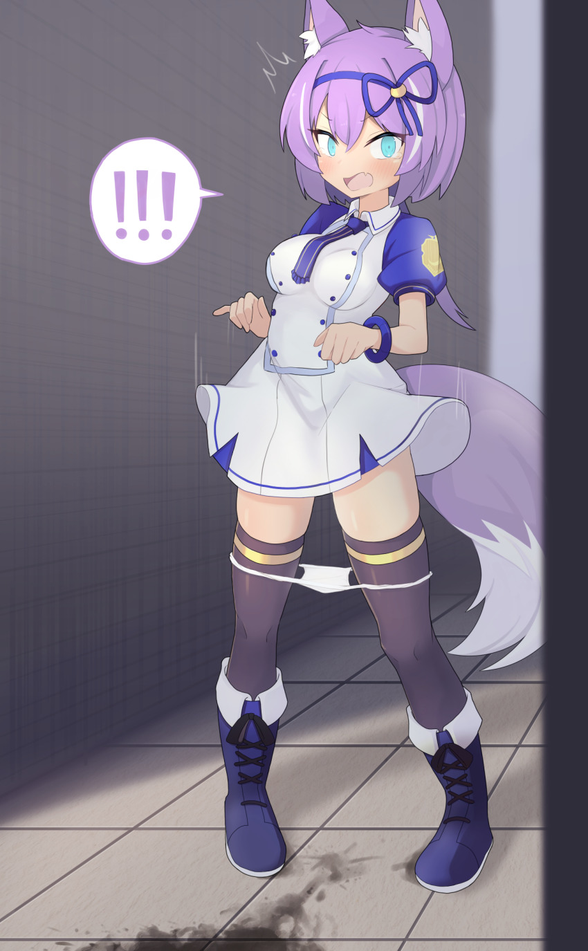 !, !!, 1girl, animal_ears, blue_eyes, caught, embarrassed, fang