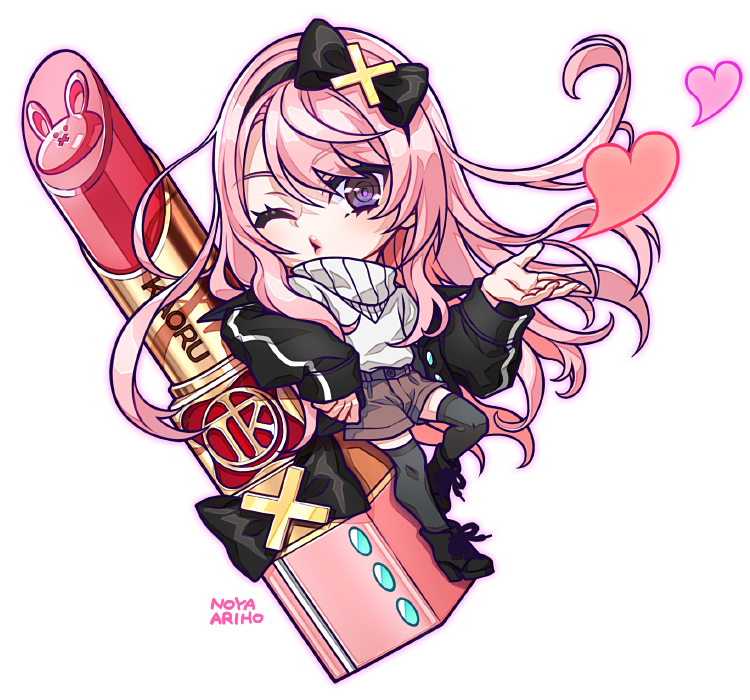 1boy, animal_print, ankle_boots, black_boots, black_hairband, black_jacket, boots, bow_hairband, brown_shorts, character_name, chibi, commentary, cosmetics, english_commentary, grey_legwear, hairband, heart, high_heel_boots, high_heels, holostars, jacket, lipstick_tube, long_hair, looking_at_viewer, male_focus, noyaariho, off_shoulder, one_eye_closed, oversized_object, pink_hair, puckered_lips, purple_eyes, rabbit_print, shorts, solo, sweater, swept_bangs, transparent_background, trap, tsukishita_kaoru, turtleneck, turtleneck_sweater, virtual_youtuber, white_sweater