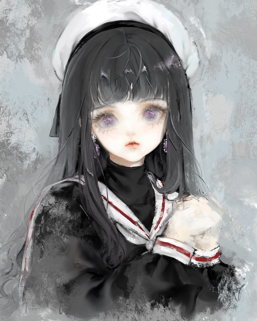 1girl, absurdres, black_shirt, blunt_bangs, cardcaptor_sakura, daidouji_tomoyo, earrings, grey_background, hands_up, highres, jewelry, long_sleeves, looking_at_viewer, purple_eyes, sailor_collar, school_uniform, shirt, solo, ssss_ve, tomoeda_elementary_school_uniform, tomoeda_middle_school_uniform, upper_body, white_headwear, white_sailor_collar