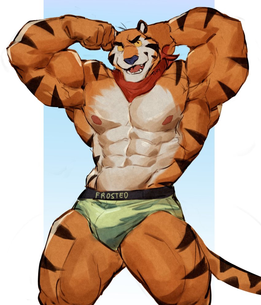1boy, abs, absurdres, armpits, bara, biceps, black_fur, bulge, flexible, foot_out_of_frame, furry, furry_male, highres, kellogg's, large_pectorals, looking_to_the_side, male_focus, male_underwear, manly, mature_male, multicolored_fur, muscular, muscular_arms, muscular_legs, muscular_male, nipples, o_reowoof, open_mouth, orange_fur, pectorals, scarf, smile, solo, teeth, thick_eyebrows, thighs, tiger_boy, tiger_stripes, tongue, tony_the_tiger, topless_male, underwear