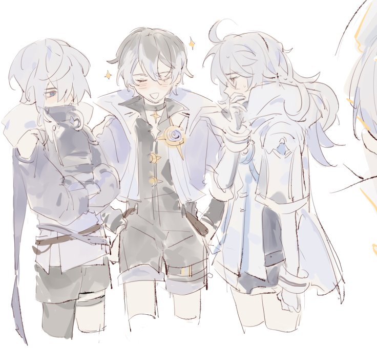 3boys, ahoge, black_hair, blue_eyes, covered_mouth, elsword, closed_eyes, grey_hair, linbai22, long_hair, multicolored_hair, multiple_boys, noah_ebalon, one_eye_covered, second_grief_(elsword), second_revenger_(elsword), second_selection_(elsword), short_hair, sketch, white_background