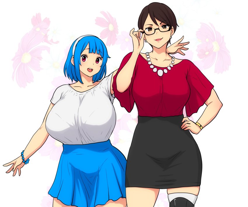 2girls, ayumi_(erkaz), black-framed_eyewear, black_hair, black_skirt, blue_hair, blue_skirt, bra_visible_through_clothes, bracelet, breasts, cowboy_shot, erkaz, hairband, hand_on_own_hip, height_difference, highres, huge_breasts, jewelry, large_breasts, medium_hair, multiple_girls, necklace, original, pleated_skirt, red_shirt, rina_atherina, shirt, shirt_tucked_in, short_hair, short_sleeves, skirt, white_hairband, white_shirt