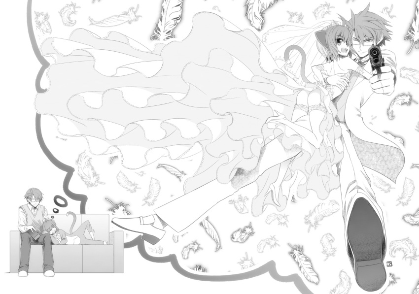 00s, 1boy, 1girl, ahoge, animal_ears, ass, bad_id, bad_pixiv_id, bride, cat_ears, cat_tail, dreaming, dress, elbow_gloves, feathers, garter_belt, glasses, gloves, greyscale, gun, kyouran_kazoku_nikki, lap_pillow, midarezaki_kyouka, midarezaki_ouka, monochrome, panties, short_hair, speech_bubble, tail, thighhighs, thought_bubble, underwear, weapon, wedding_dress, weshika