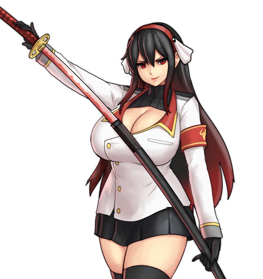 1girl, black_gloves, black_hair, black_skirt, black_thighhighs, breasts, cleavage, coat