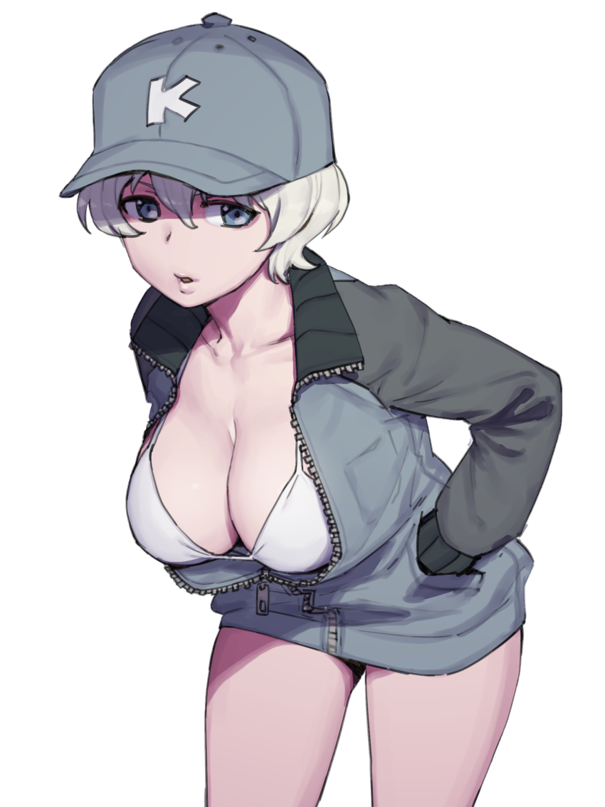 1girl, absurdres, baseball_cap, bikini, bikini_top_only, breasts, cleavage, girls_und_panzer, grey_eyes, grey_hat, grey_jacket, hands_in_pockets, hat, highres, jacket, large_breasts, leaning_forward, no_pants, onsen_tamago_(hs_egg), partially_unzipped, short_hair, simple_background, solo, string_bikini, swimsuit, white_background, white_bikini, white_hair, youko_(girls_und_panzer), zipper, zipper_pull_tab