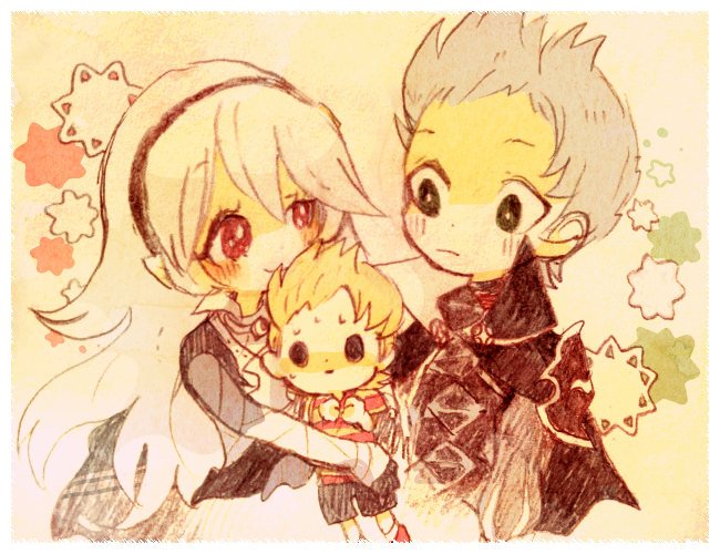 1girl, 2boys, black_hairband, blonde_hair, female_corrin_(fire_emblem), fire_emblem, fire_emblem_fates, grey_hair