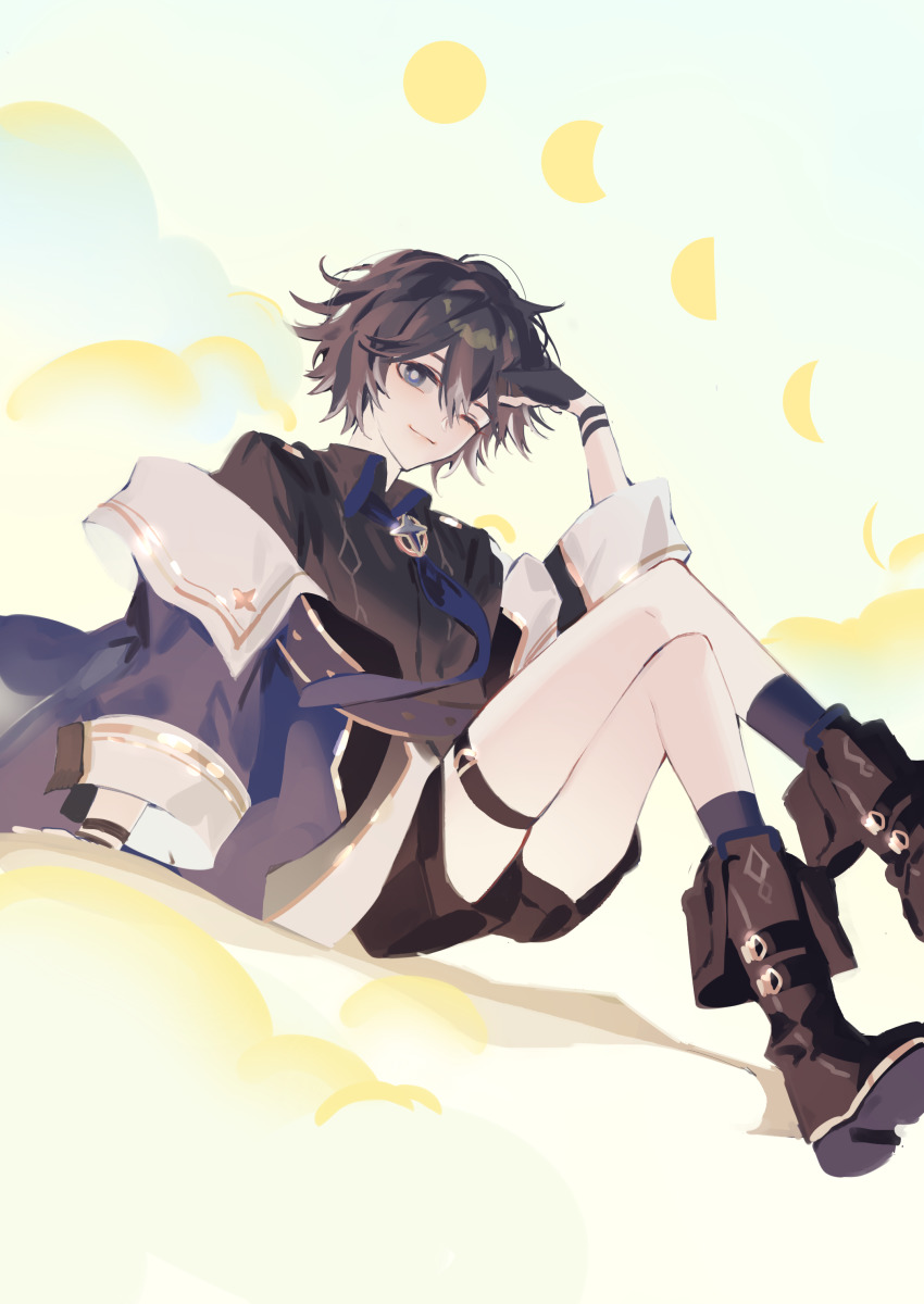 1boy, absurdres, beat5727, black_hair, blue_eyes, boots, elsword, fingerless_gloves