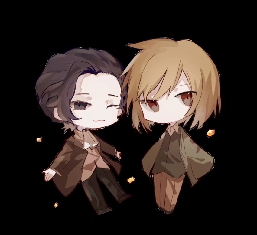 2boys, ascot, black_background, black_coat, black_eyes, black_hair, black_pants, black_vest