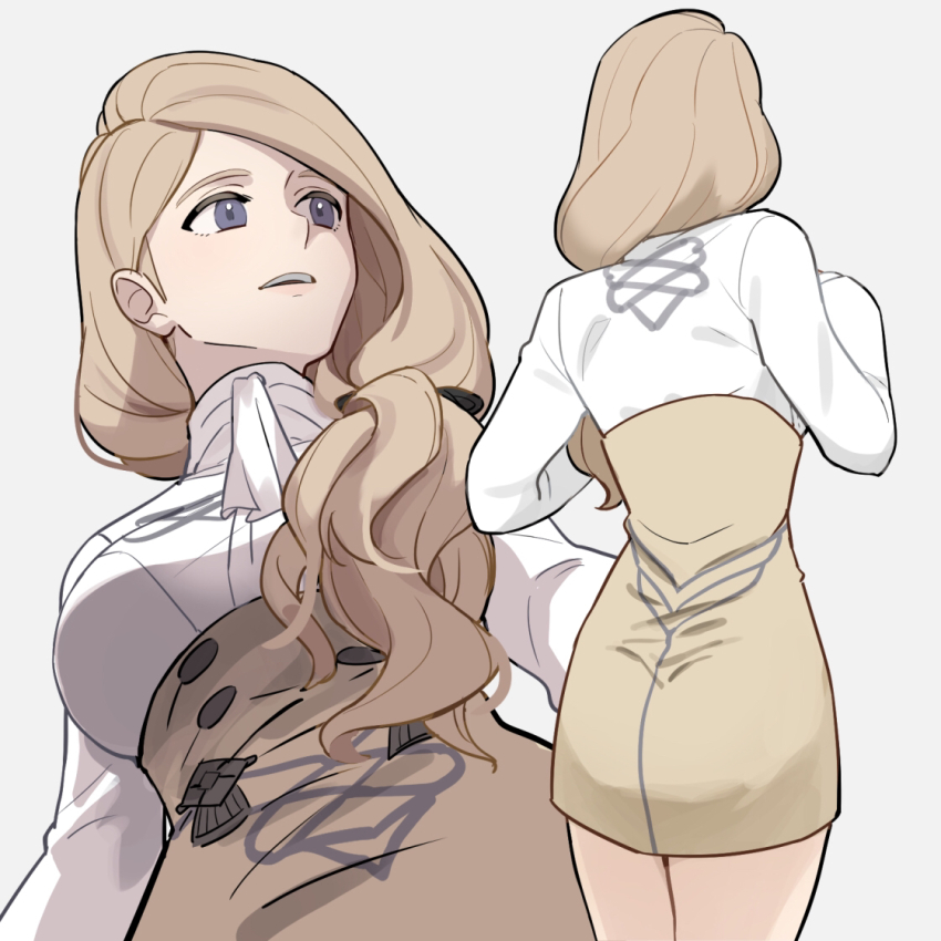 1girl, ass, asymmetrical_hair, blue_eyes, breasts, brown_skirt, commentary, cowboy_shot