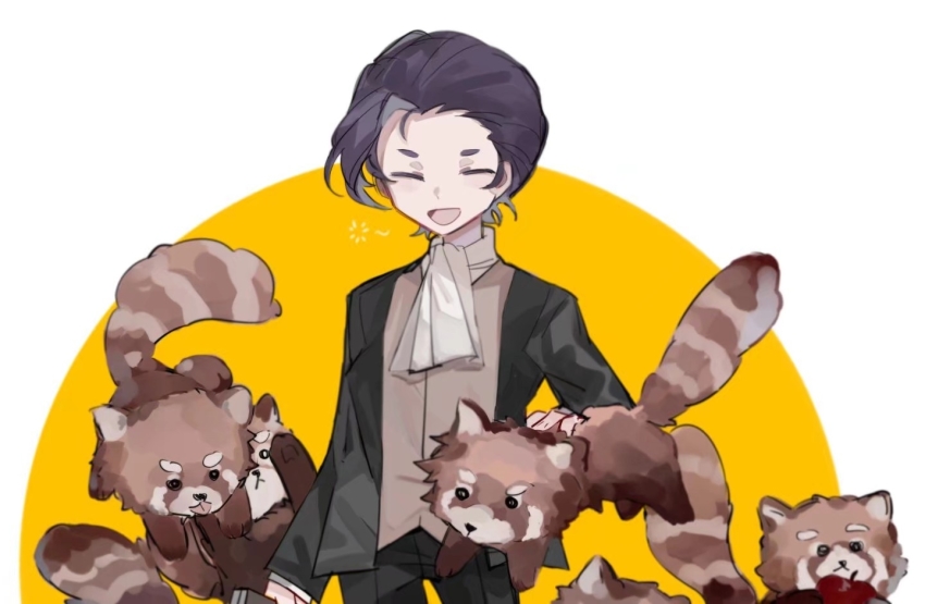 1boy, animal, ascot, black_jacket, black_pants, brown_vest, chinese_commentary, commentary_request