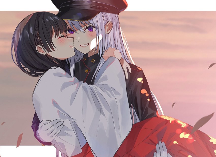 2girls, arms_around_neck, black_hair, blush, carrying, closed_eyes, gloves, grin