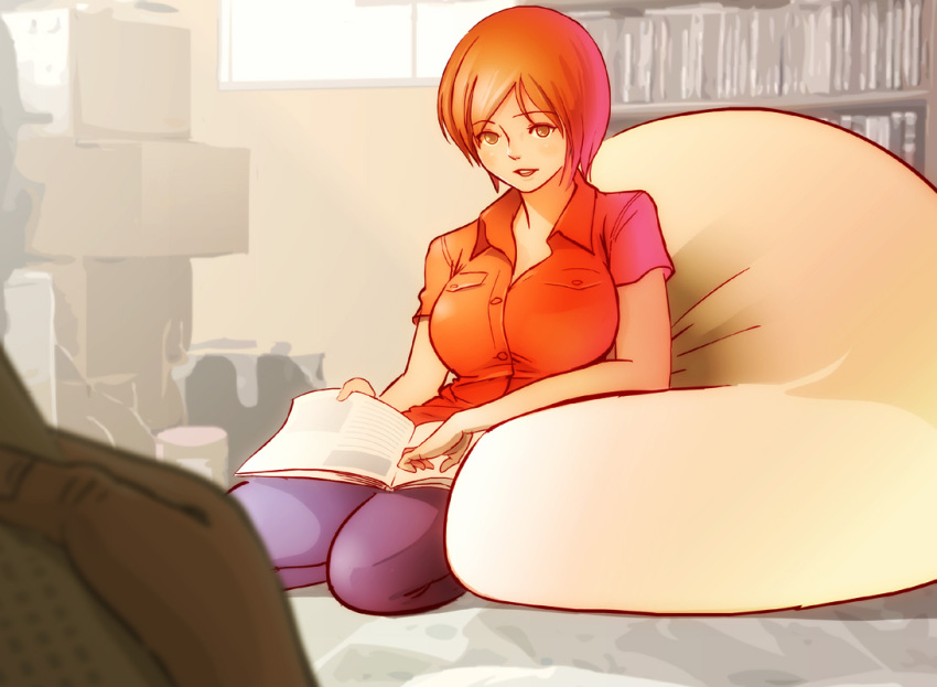 1girl, book, brown_eyes, brown_hair, female_focus, meiko_(vocaloid), mizukiyo_jiro, nippori_honsha