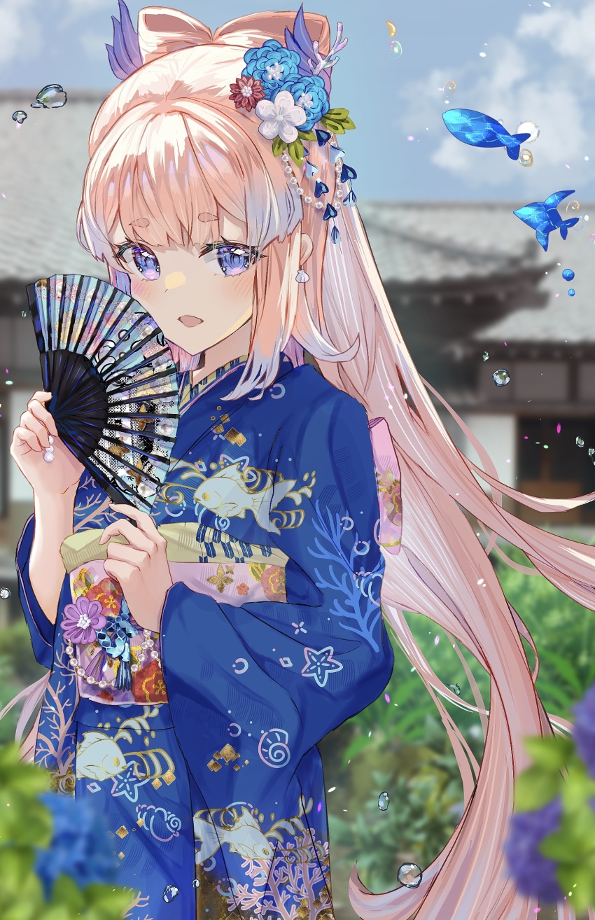 1girl, absurdres, animal_print, architecture, blue_eyes, blue_hair, blue_kimono, blue_sky