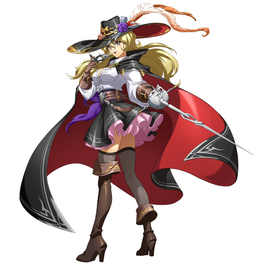 1girl, asymmetrical_legwear, black_cape, black_hat, black_skirt, blonde_hair, boots, bow, breasts, brenda_(langrisser), brown_boots, brown_eyes, brown_gloves, cape, cleavage, collared_shirt, dress_shirt, floating_hair, flower, full_body, gloves, grey_bow, grey_thighhighs, hair_between_eyes, hat, hat_bow, hat_feather, hat_flower, high_heel_boots, high_heels, highres, holding, holding_mask, holding_sword, holding_weapon, langrisser, langrisser_v, large_breasts, layered_skirt, long_hair, looking_at_viewer, mask, miniskirt, mole, mole_under_eye, official_art, parted_lips, pink_skirt, purple_flower, purple_lips, rose, shirt, skirt, solo, sword, thigh_boots, thighhighs, transparent_background, weapon, white_shirt, wing_collar, zettai_ryouiki