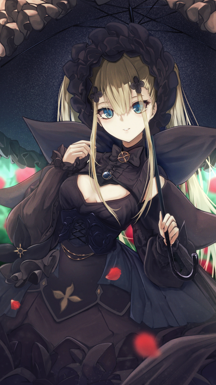 1girl, alchemy_stars, black_dress, blonde_hair, bonnet, breasts, breasts_apart, cleavage_cutout