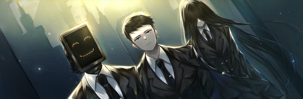 1girl, 2boys, bada_(project_moon), black_eyes, black_hair, black_necktie, earrings, formal_clothes