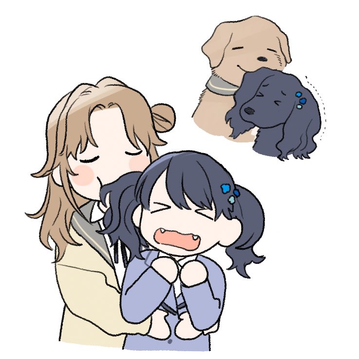 2girls, agohimo, animalization, black_hair, blazer, brown_hair, cardigan, commentary_request