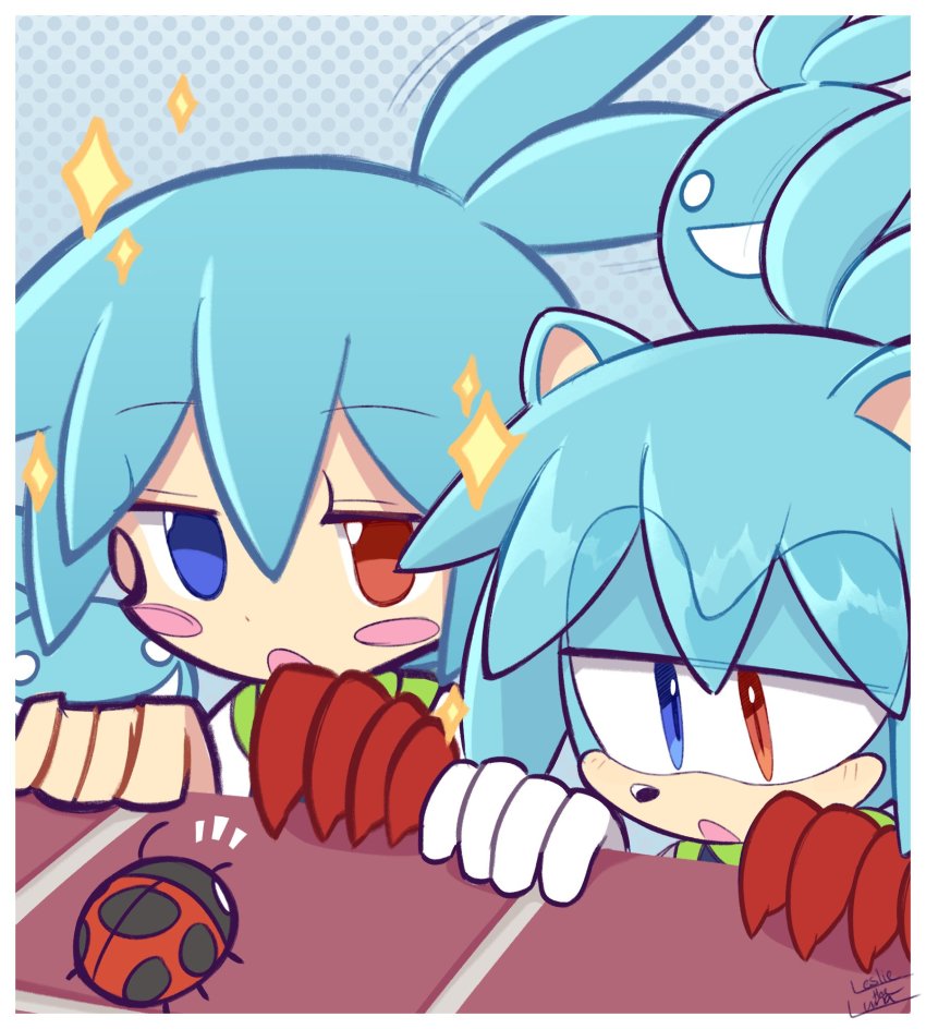 2boys, animal_ears, blue_eyes, blue_hair, blush_stickers, bug, furrification, furry
