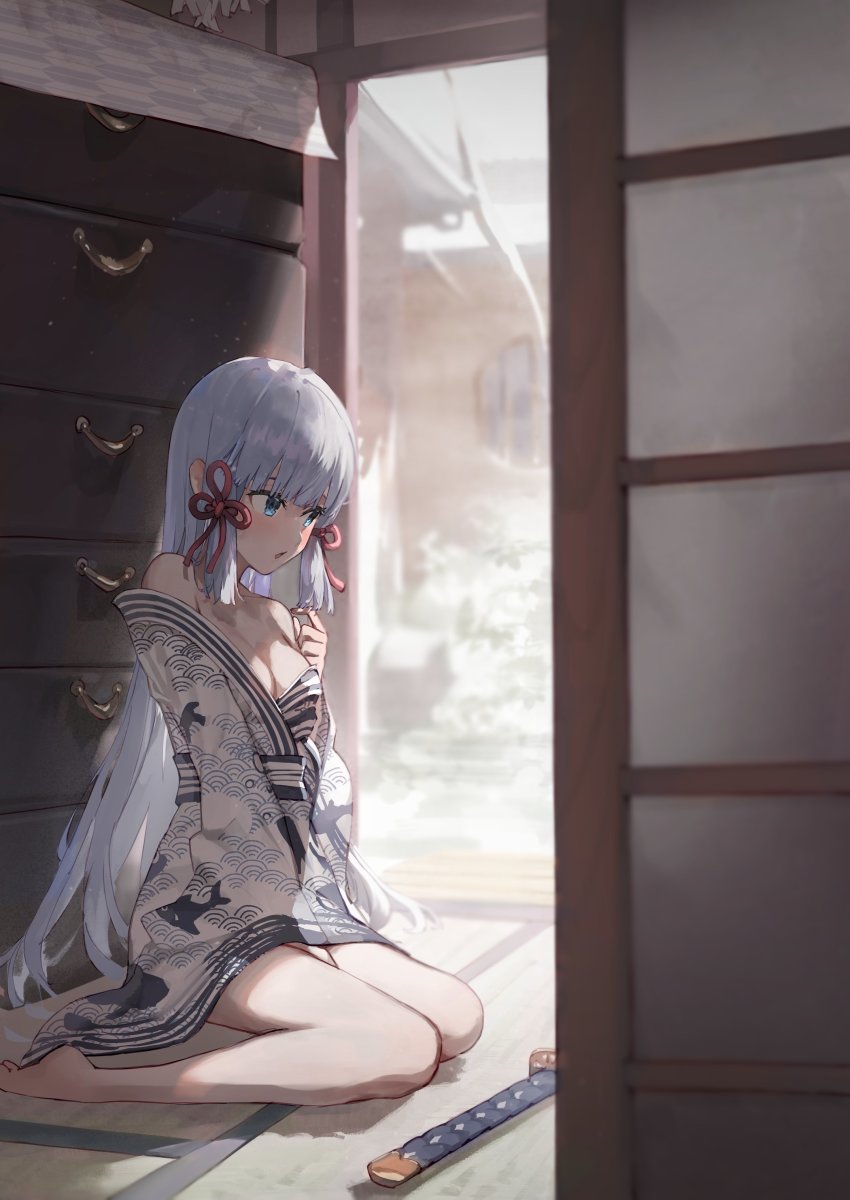 1girl, absurdres, alternate_costume, alternate_hairstyle, ayaka_(genshin_impact), bare_legs, barefoot, between_legs, blue_eyes, blue_hair, blunt_bangs, blush, breasts, chinese_knot, cleavage, drawer, flower_knot, genshin_impact, hair_down, hair_ribbon, hand_between_legs, highres, japanese_clothes, katana, kimono, light_blue_hair, long_hair, medium_breasts, off_shoulder, open_mouth, ribbon, short_kimono, sitting, sliding_doors, solo, sword, tatami, tress_ribbon, wariza, weapon, weapon_on_floor, white_kimono, wide_sleeves, xkirara39x
