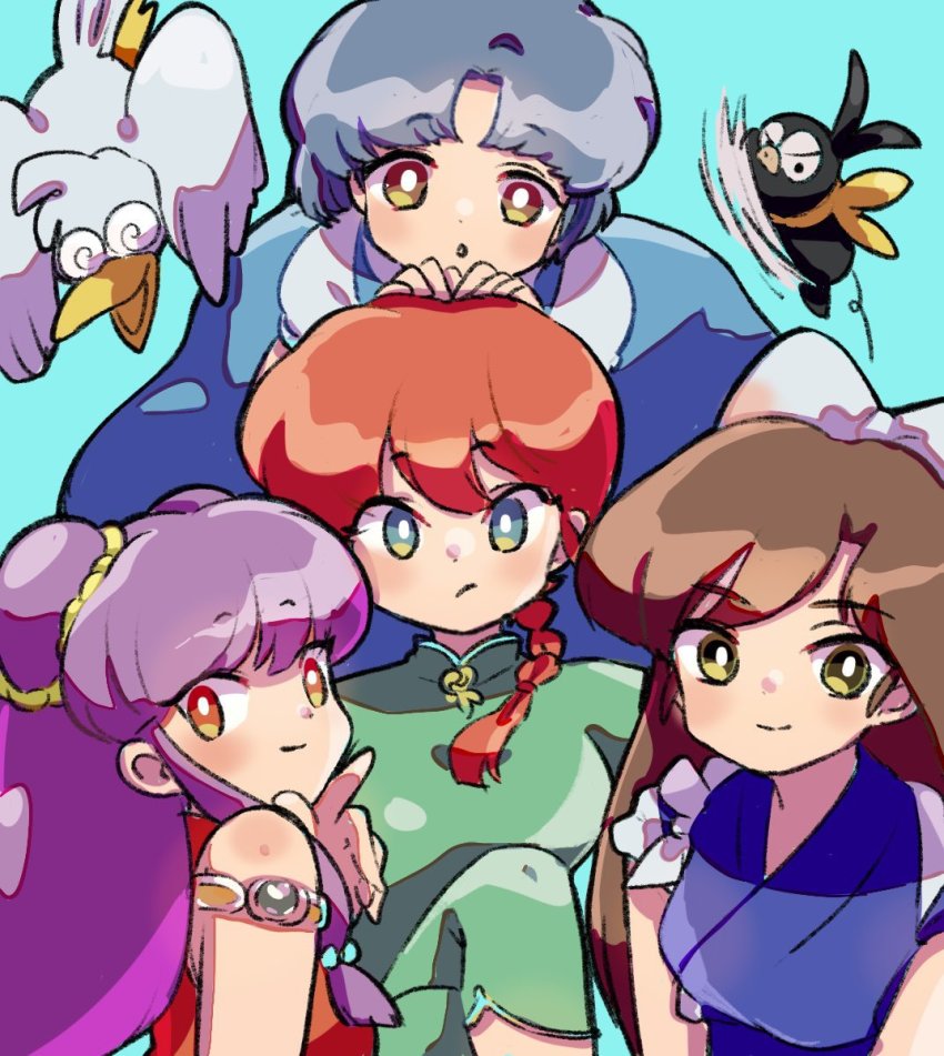 4girls, bird, blue_background, blue_hair, bow, brown_hair, closed_mouth, duck