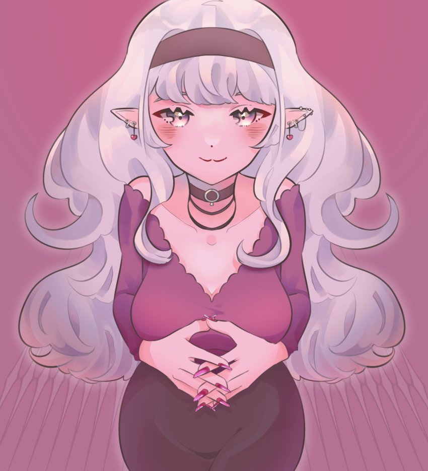 ayana_lush, black_choker, black_hairband, black_skirt, breasts, choker, collarbone, commentary, commission, english_commentary, grey_hair, hairband, highres, long_hair, medium_breasts, mokou_(minmofu), off-shoulder_shirt, off_shoulder, own_hands_together, purple_shirt, second-party_source, shirt, skirt, solo, v:bloom, virtual_youtuber