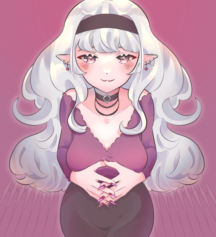 ayana_lush, black_choker, black_hairband, black_skirt, breasts, choker, collarbone, commentary, commission, english_commentary, grey_hair, hairband, highres, long_hair, medium_breasts, mokou_(minmofu), off-shoulder_shirt, off_shoulder, own_hands_together, purple_shirt, second-party_source, shirt, skirt, solo, v:bloom, virtual_youtuber