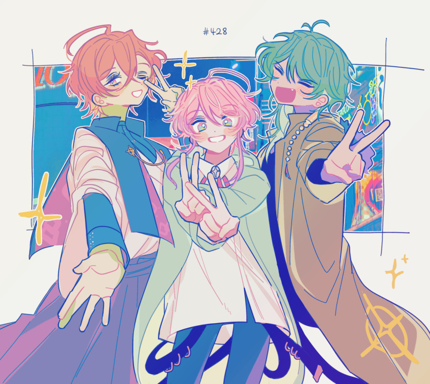 3boys, amemura_ramuda, arisugawa_dice, blush, closed_eyes, crossed_bangs, double_v, fang