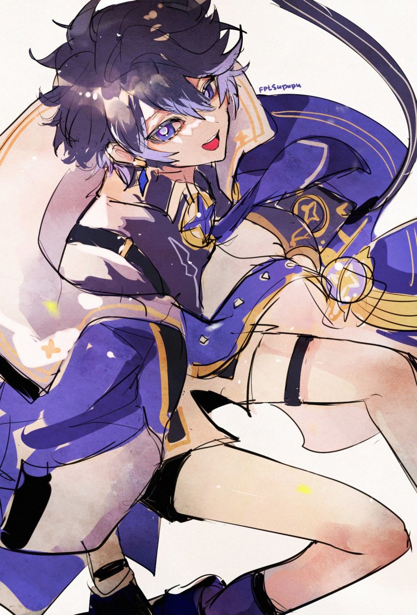 1boy, blue_hair, earrings, elsword, facing_to_the_side, grey_hair, highres, jewelry, kurayuki0404, looking_to_the_side, male_focus, multicolored_hair, noah_ebalon, open_mouth, scarf, short_hair, shorts, smile, solo, stellar_caster_(elsword), teeth, thigh_strap, white_background