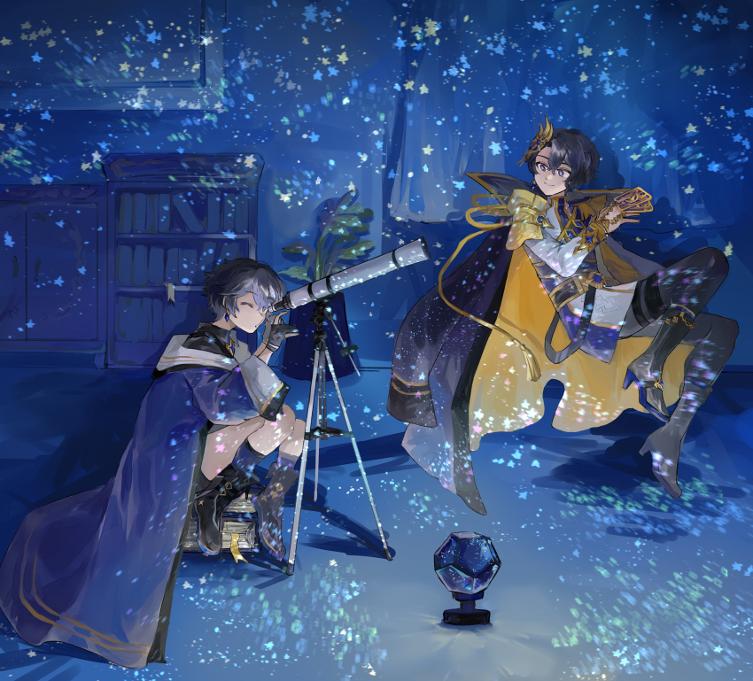 2boys, absurdres, black_hair, blue_eyes, blue_theme, boots, celestia_(elsword), earrings