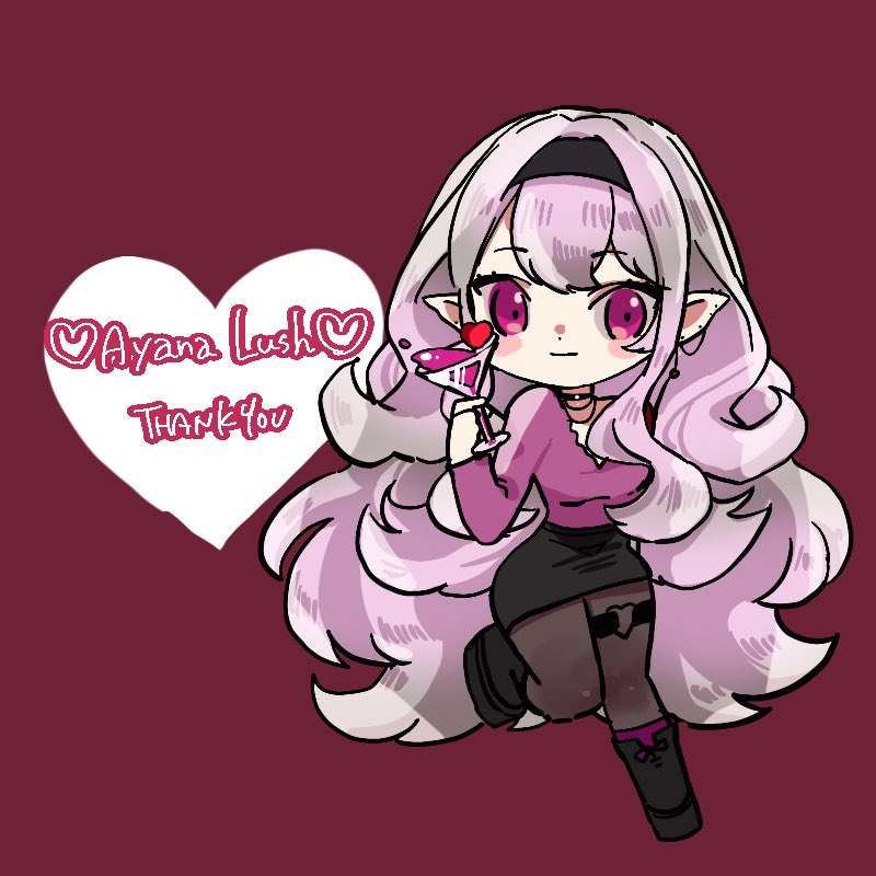 1girl, ayana_lush, black_boots, black_choker, black_pantyhose, black_skirt, boots, breasts, character_name, choker, commentary, commission, cup, english_commentary, heart, holding, holding_cup, medium_breasts, pantyhose, pointy_ears, purple_eyes, purple_shirt, second-party_source, shirt, skeb_commission, skirt, smile, solo, tmur2022, v:bloom, virtual_youtuber