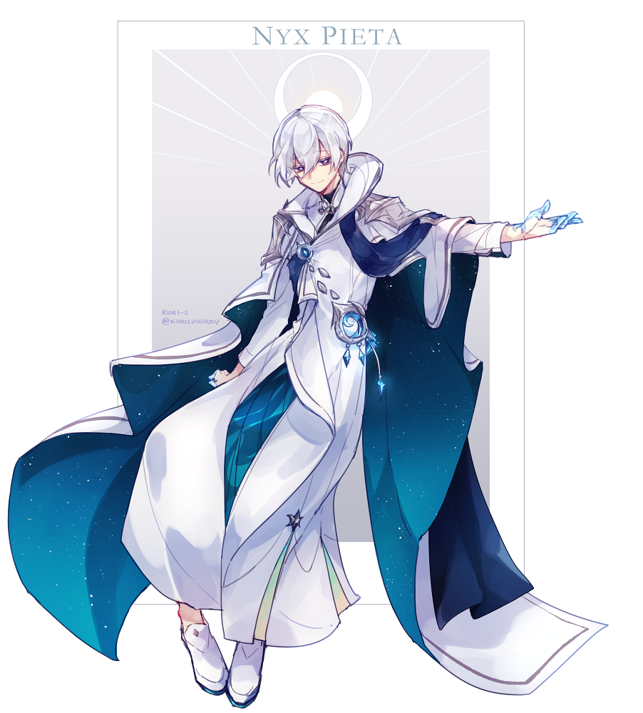 1boy, blue_eyes, elsword, facing_viewer, full_body, jewelry, kuri-s, long_sleeves, looking_to_the_side, male_focus, noah_ebalon, nyx_pieta_(elsword), pendant, scarf, shoes, short_hair, smile, solo, starry_sky_print, white_background, white_hair, white_shoes