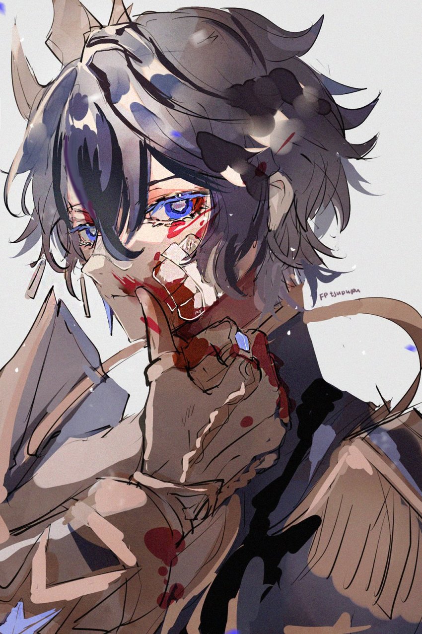 1boy, bandaid, bandaid_on_face, black_hair, blood, blood_on_face, blue_eyes, dragon_horns