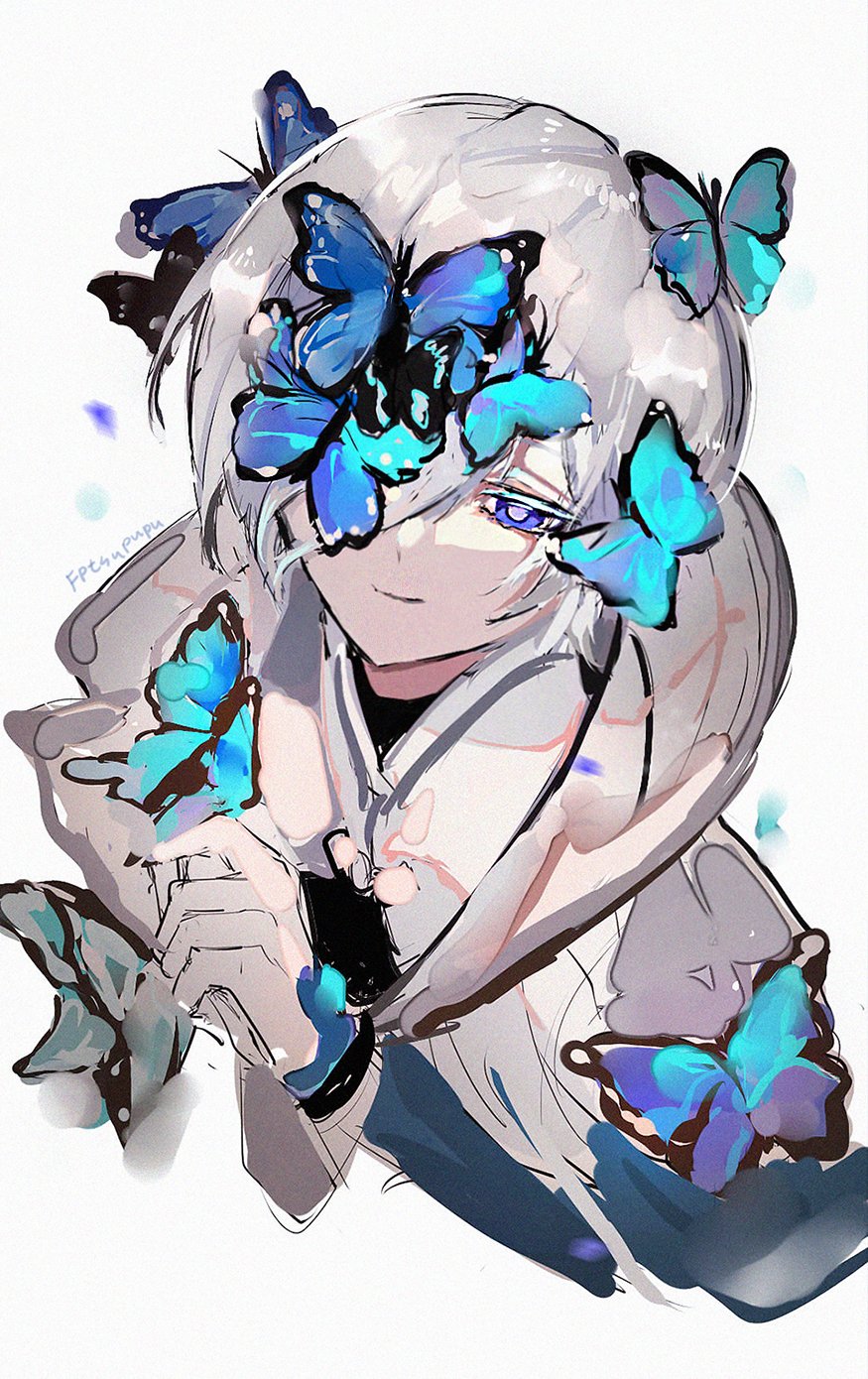 1boy, blue_eyes, bug, butterfly, closed_mouth, elsword, facing_viewer, hair_over_one_eye, highres, insect, kurayuki0404, long_sleeves, looking_to_the_side, male_focus, noah_ebalon, nyx_pieta_(elsword), one_eye_covered, short_hair, smile, solo, white_background, white_hair