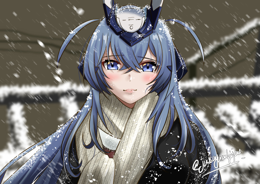 1girl, absurdres, azur_lane, blue_eyes, blue_hair, blush, commentary, crossed_bangs, english_commentary, engrish_commentary, eyebrows_hidden_by_hair, hair_between_eyes, hair_ornament, highres, husbant_(meme), jussayuranhijau, meme, new_jersey_(azur_lane), scarf, signature, snow