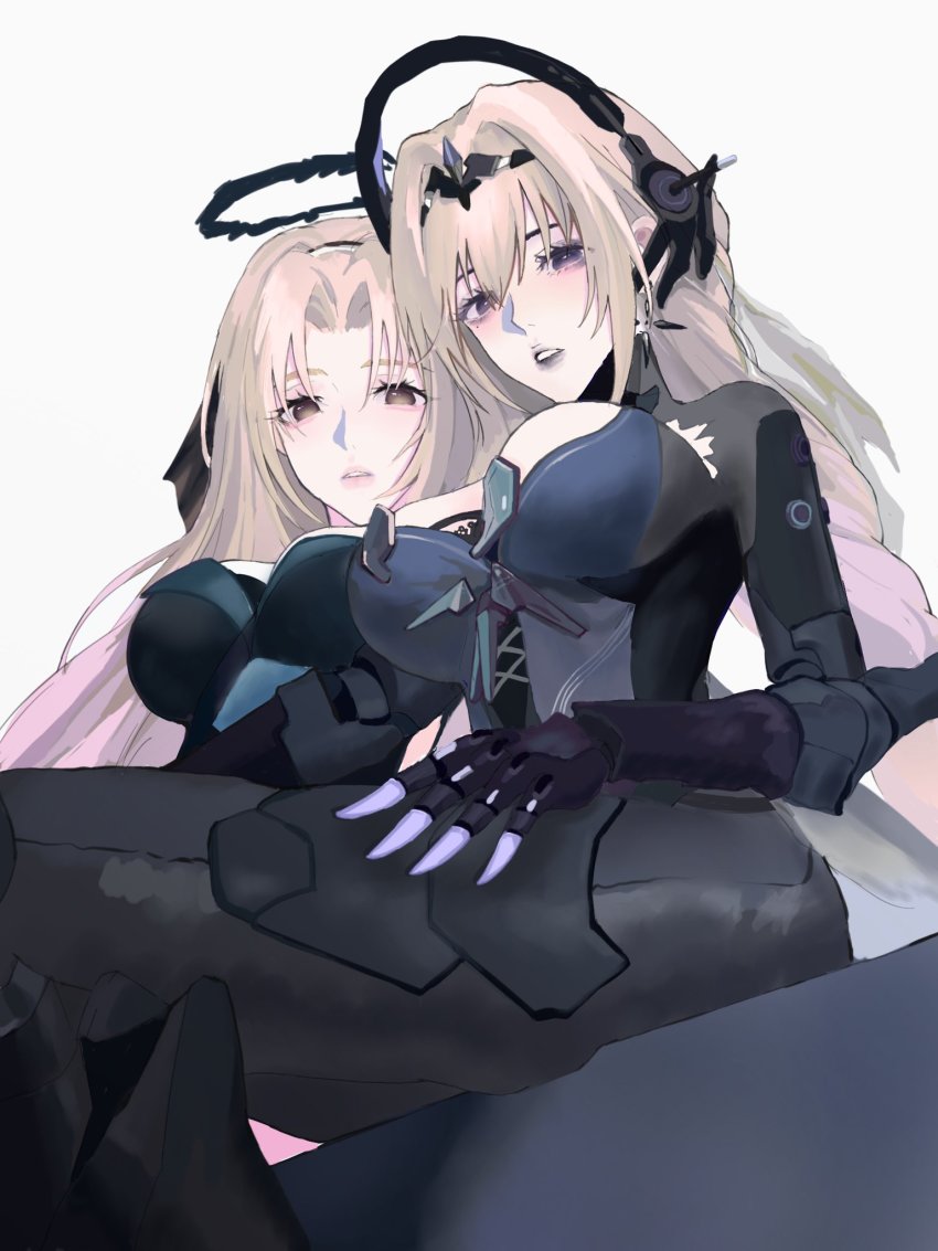 2girls, bianca:_stigmata_(exorcist)_(pgr), bianca:_stigmata_(pgr), bianca_(pgr), black_gloves, black_legwear, blonde_hair, bodysuit, breasts, cleavage, gloves, halo, highres, large_breasts, long_hair, looking_at_viewer, multiple_girls, necktie, open_mouth, punishing:_gray_raven, short_necktie, simple_background, thighhighs, tiara, white_background