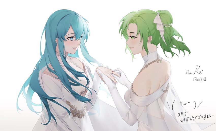 2girls, aqua_eyes, aqua_hair, artist_name, bare_shoulders, clovisxvii, dress, eirika_(fire_emblem)