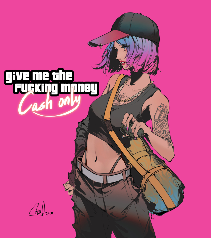 1girl, absurdres, arm_tattoo, bag, bare_shoulders, baseball_cap, black_hat, black_tank_top, blue_eyes, blue_hair, breasts, brown_pants, chain, chain_necklace, collarbone, commentary_request, crop_top, duffel_bag, english_text, explosive, gradient_hair, grand_theft_auto, grenade, hat, highres, holding, jewelry, long_sleeves, looking_away, medium_breasts, midriff, multicolored_hair, navel, necklace, original, pants, parted_lips, pink_background, profanity, purple_hair, red_lips, shoulder_bag, signature, simple_background, solo, standing, storia, tank_top, tattoo
