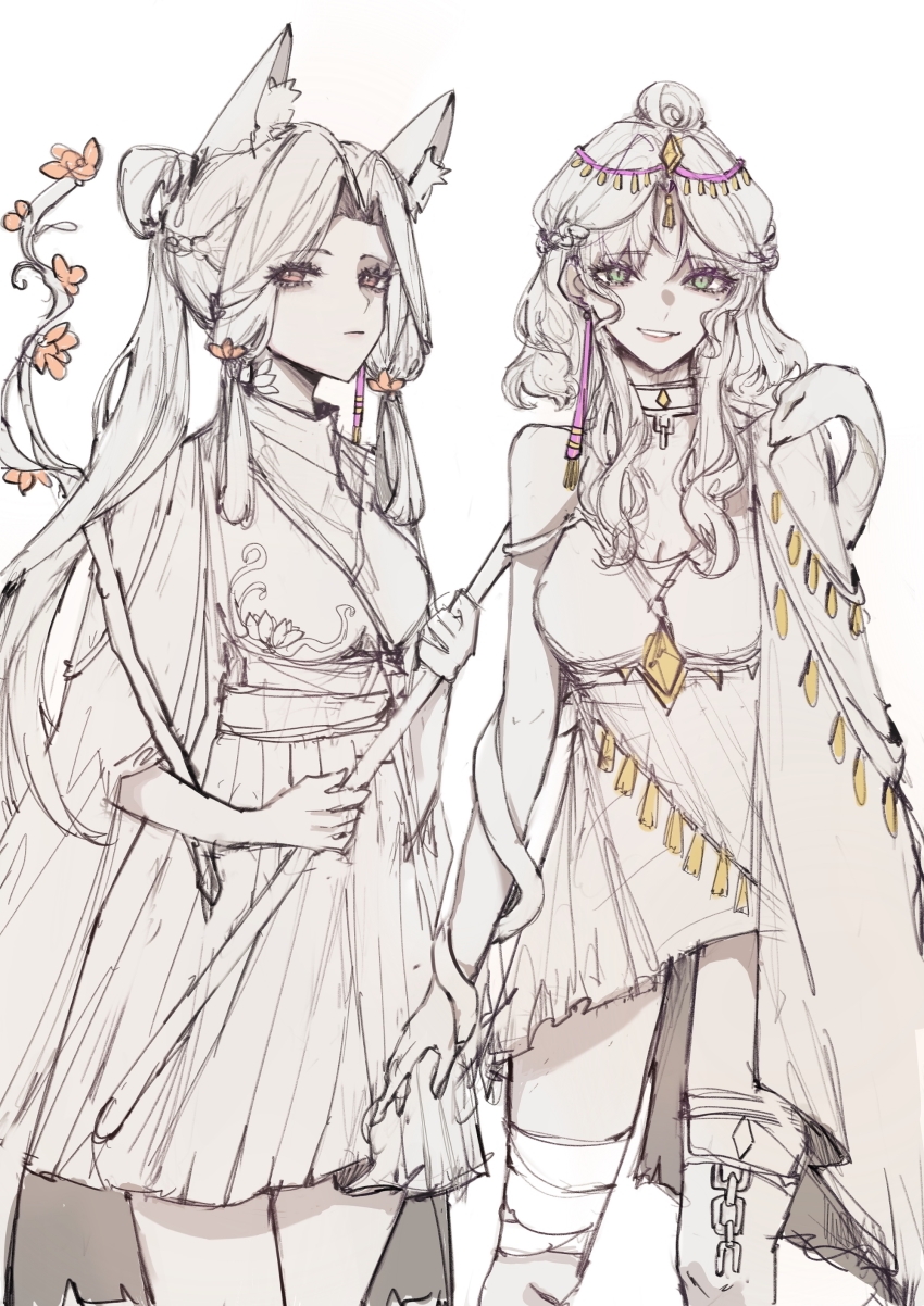 2girls, absurdres, animal_ears, chihe874, chinese_clothes, flower, fox_ears, gen, hair_ornament, highres, long_hair, multiple_girls, sidelocks, sketch, sky:_children_of_the_light, smile, snoozing_carpenter, spinning_mentor, standing, tassel, tassel_hair_ornament, white_hair